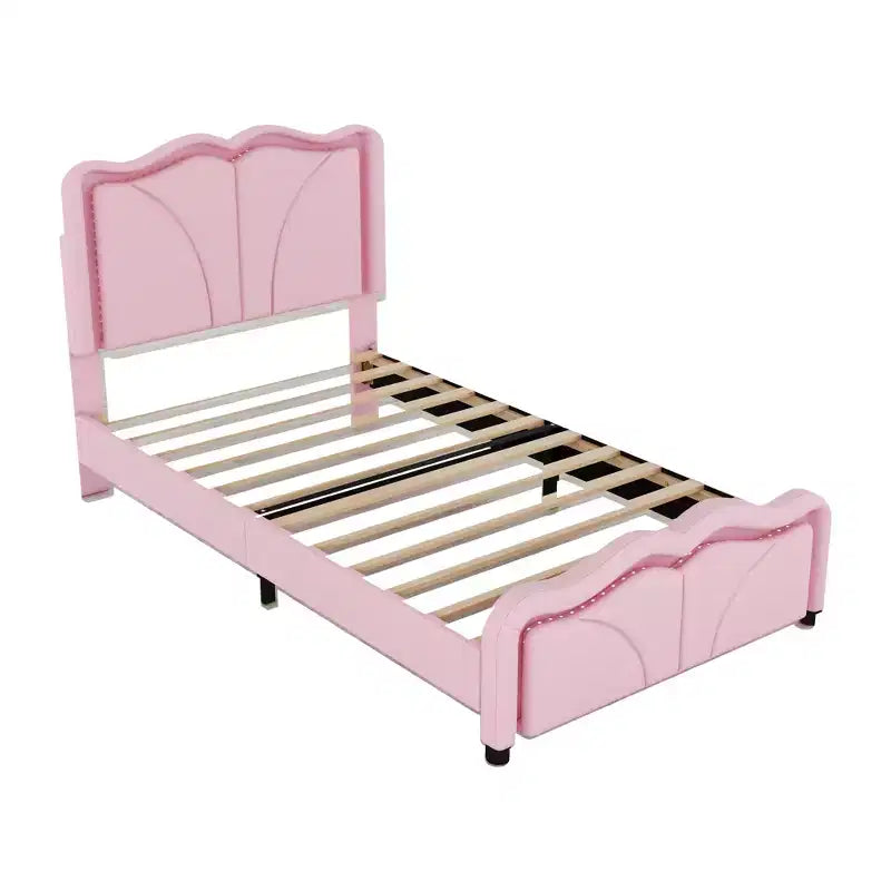 Letto a piattaforma matrimoniale imbottito con testiera curva e regolabile in altezza e strisce LED
