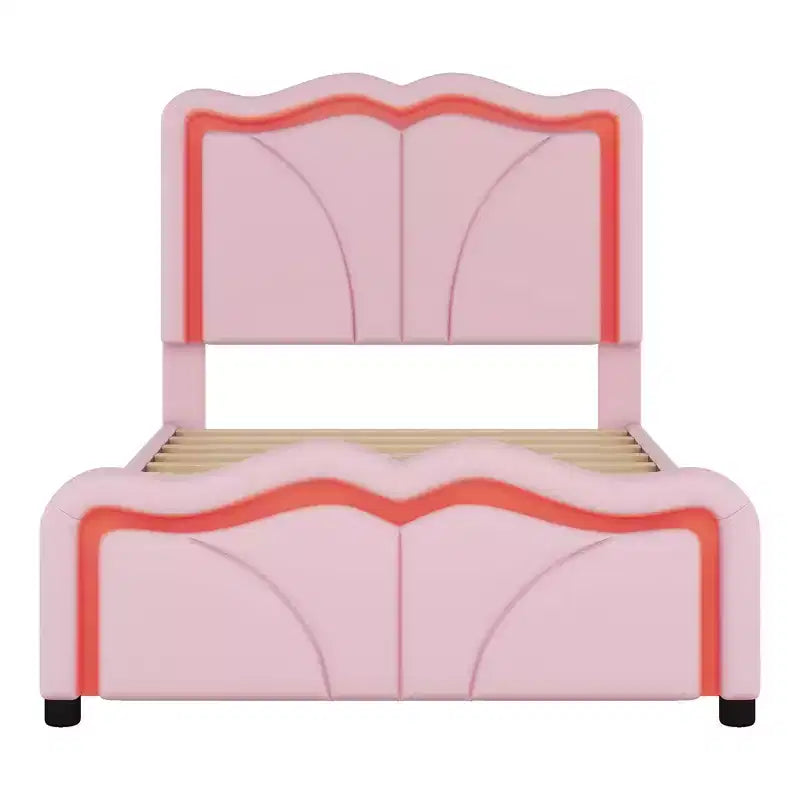 Letto a piattaforma matrimoniale imbottito con testiera curva e regolabile in altezza e strisce LED