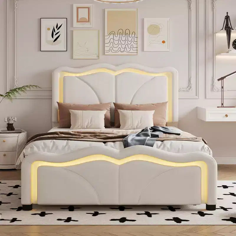 Twin Size Upholstered Platform Bed with Curved, Height-Adjustable Headboard and LED Light Strips