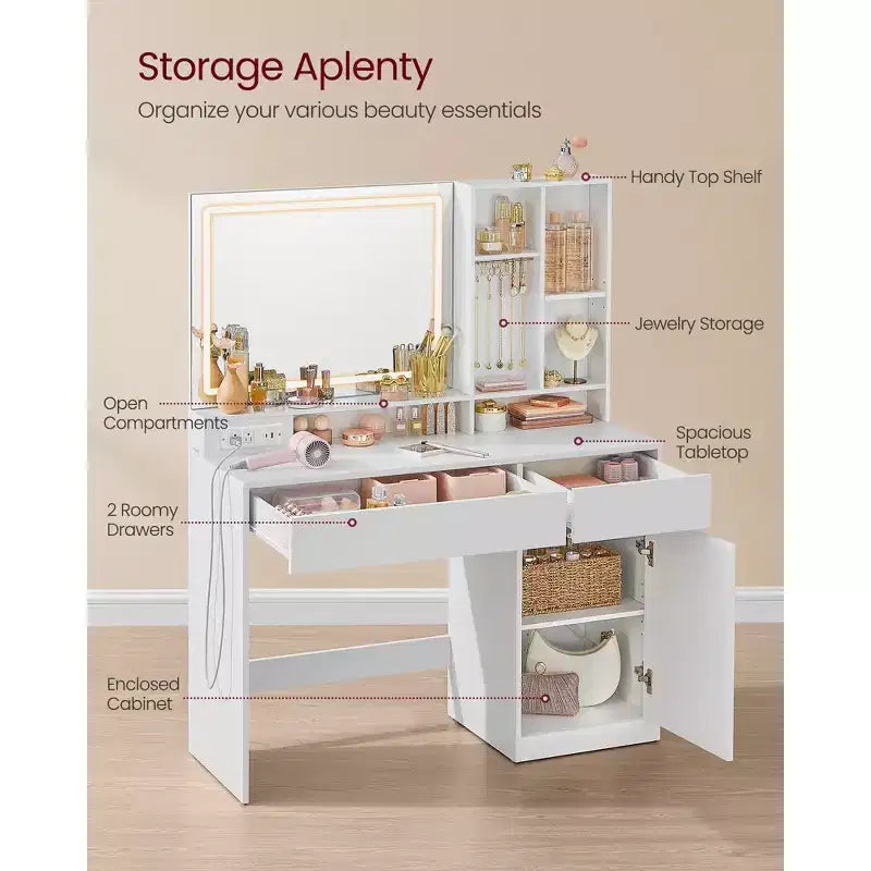 Vanity Desk with Mirror and Lights, Vanity Table Set with Stool, Drawers, Jewelry Storage, Adjustable Shelves, Cloud White