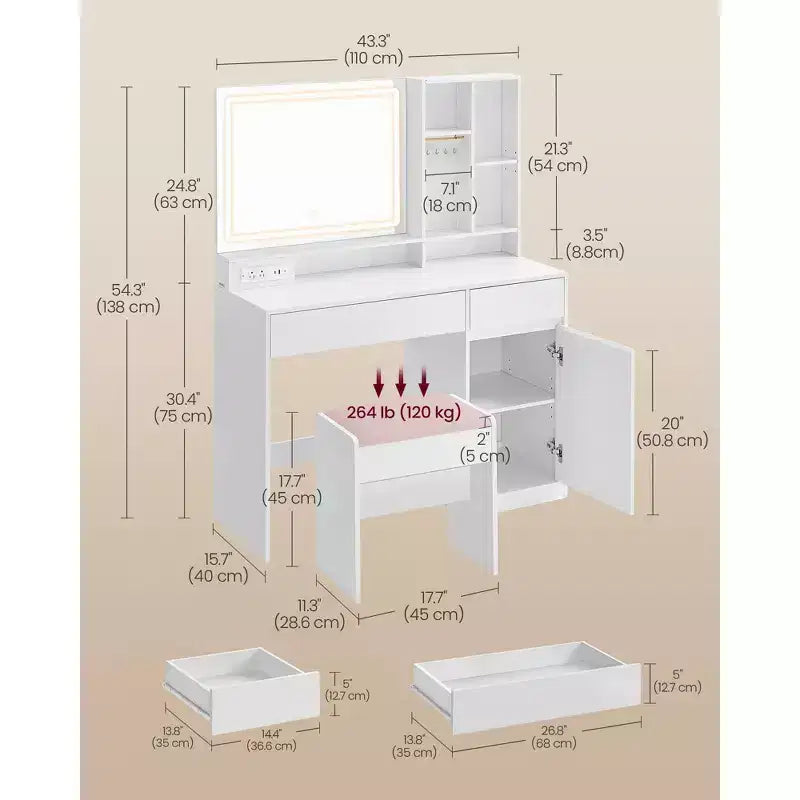 Vanity Desk with Mirror and Lights, Vanity Table Set with Stool, Drawers, Jewelry Storage, Adjustable Shelves, Cloud White