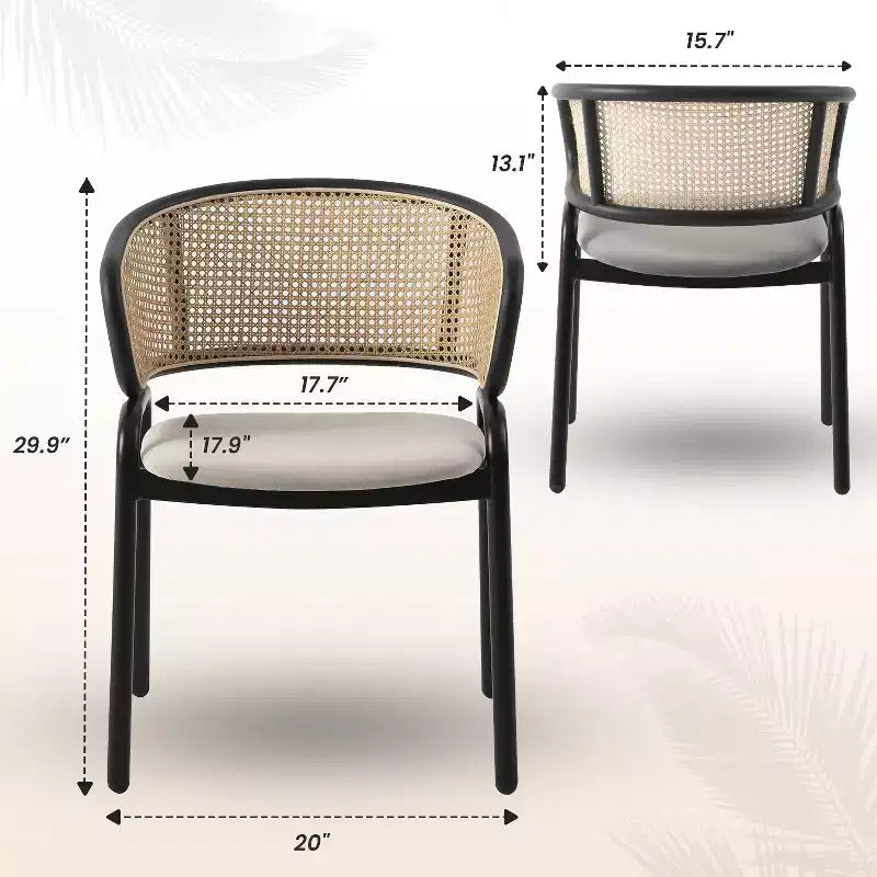 Set di 2 sedie da pranzo con schienale in vimini, seduta in pelle e struttura in acciaio nero, moderne, per cucina, sala da pranzo e tavolo