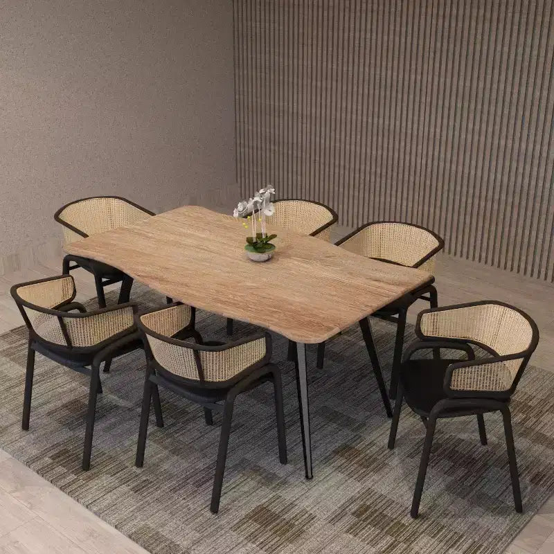 Set di 2 sedie da pranzo con schienale in vimini, seduta in pelle e struttura in acciaio nero, moderne, per cucina, sala da pranzo e tavolo