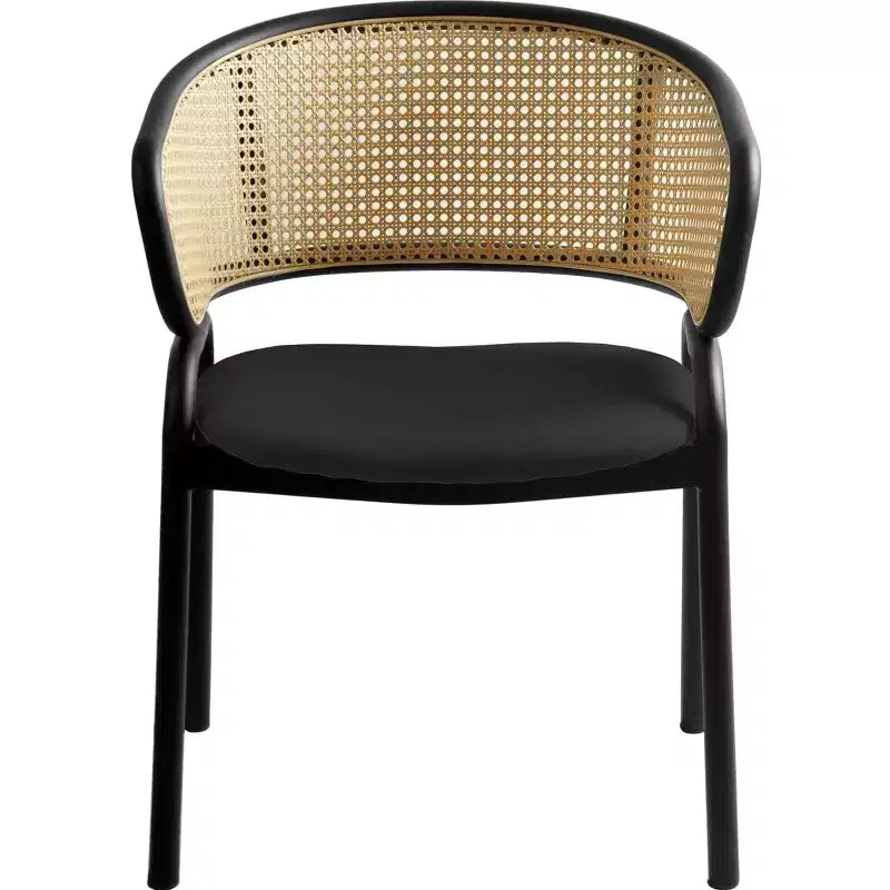 Set di 2 sedie da pranzo con schienale in vimini, seduta in pelle e struttura in acciaio nero, moderne, per cucina, sala da pranzo e tavolo