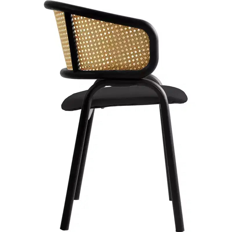 Set di 2 sedie da pranzo con schienale in vimini, seduta in pelle e struttura in acciaio nero, moderne, per cucina, sala da pranzo e tavolo