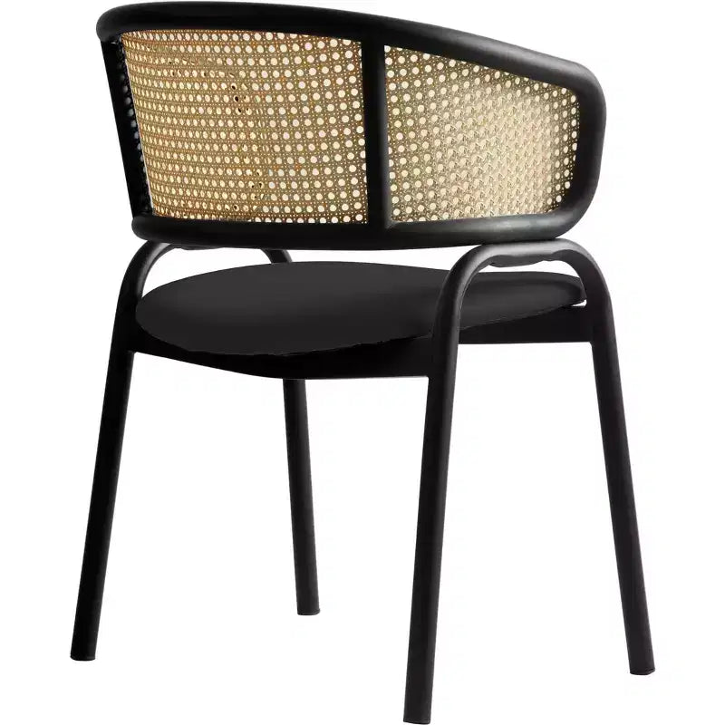 Set di 2 sedie da pranzo con schienale in vimini, seduta in pelle e struttura in acciaio nero, moderne, per cucina, sala da pranzo e tavolo