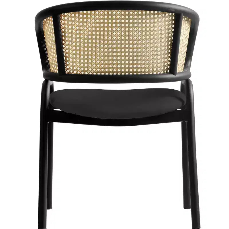 Set di 2 sedie da pranzo con schienale in vimini, seduta in pelle e struttura in acciaio nero, moderne, per cucina, sala da pranzo e tavolo