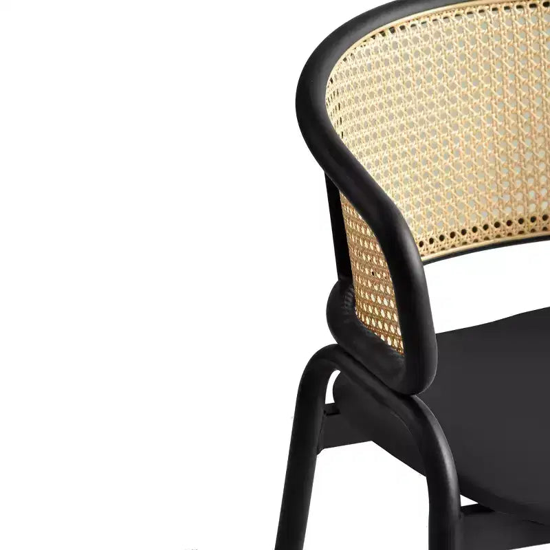 Set di 2 sedie da pranzo con schienale in vimini, seduta in pelle e struttura in acciaio nero, moderne, per cucina, sala da pranzo e tavolo