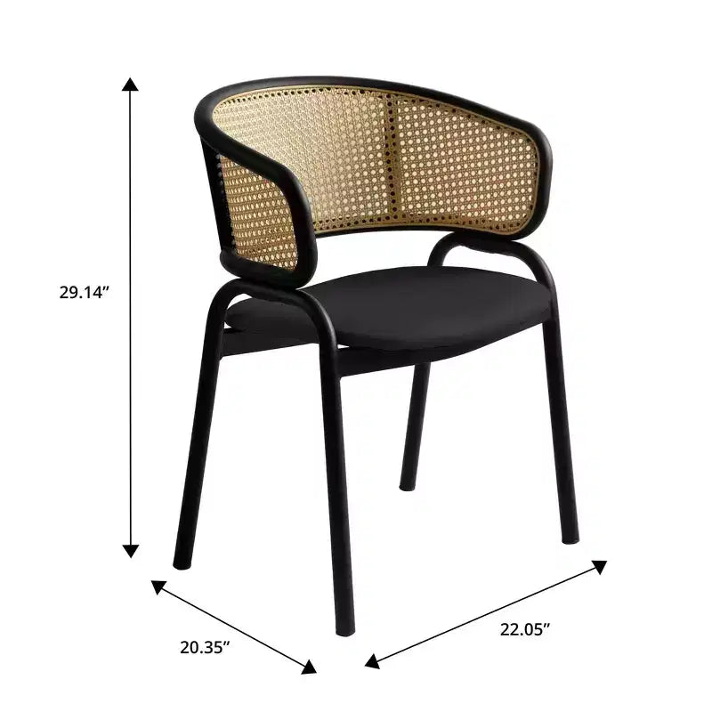 Set di 2 sedie da pranzo con schienale in vimini, seduta in pelle e struttura in acciaio nero, moderne, per cucina, sala da pranzo e tavolo