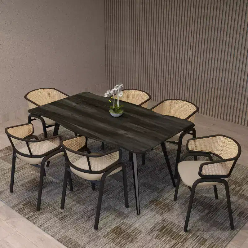 Set di 2 sedie da pranzo con schienale in vimini, seduta in pelle e struttura in acciaio nero, moderne, per cucina, sala da pranzo e tavolo