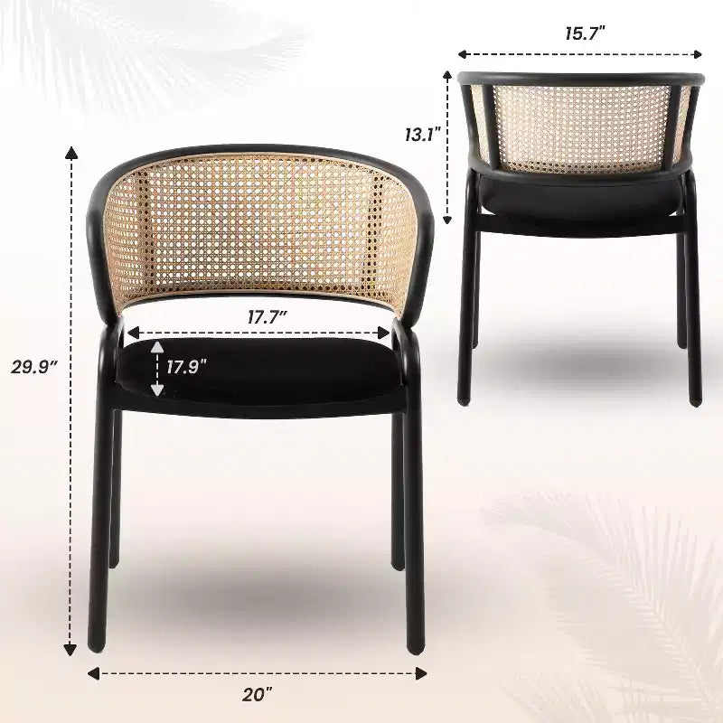 Set di 2 sedie da pranzo con schienale in vimini, seduta in pelle e struttura in acciaio nero, moderne, per cucina, sala da pranzo e tavolo