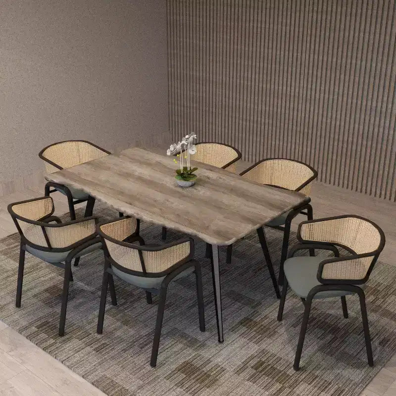 Set di 2 sedie da pranzo con schienale in vimini, seduta in pelle e struttura in acciaio nero, moderne, per cucina, sala da pranzo e tavolo