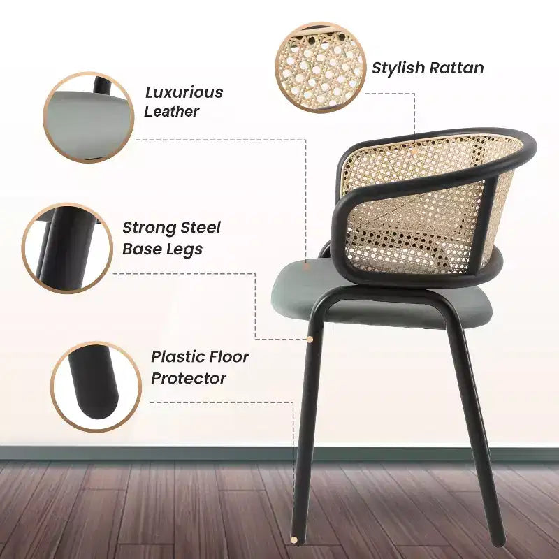 Set di 2 sedie da pranzo con schienale in vimini, seduta in pelle e struttura in acciaio nero, moderne, per cucina, sala da pranzo e tavolo