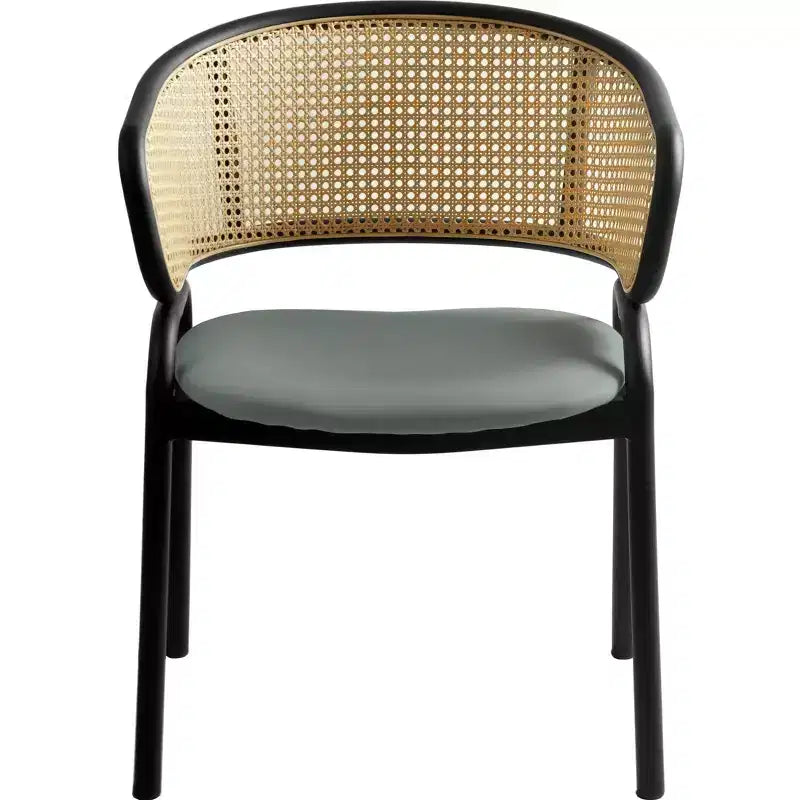Set di 2 sedie da pranzo con schienale in vimini, seduta in pelle e struttura in acciaio nero, moderne, per cucina, sala da pranzo e tavolo