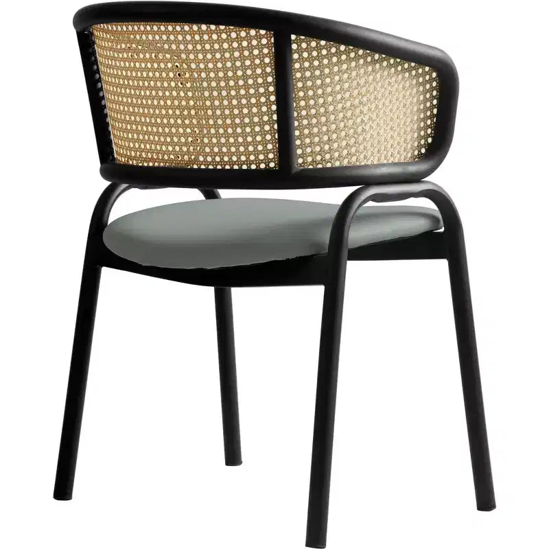 Set di 2 sedie da pranzo con schienale in vimini, seduta in pelle e struttura in acciaio nero, moderne, per cucina, sala da pranzo e tavolo