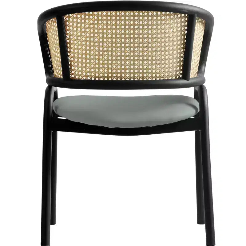 Set di 2 sedie da pranzo con schienale in vimini, seduta in pelle e struttura in acciaio nero, moderne, per cucina, sala da pranzo e tavolo