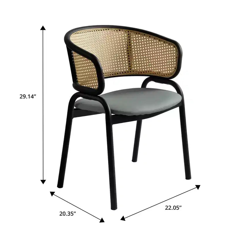 Set di 2 sedie da pranzo con schienale in vimini, seduta in pelle e struttura in acciaio nero, moderne, per cucina, sala da pranzo e tavolo