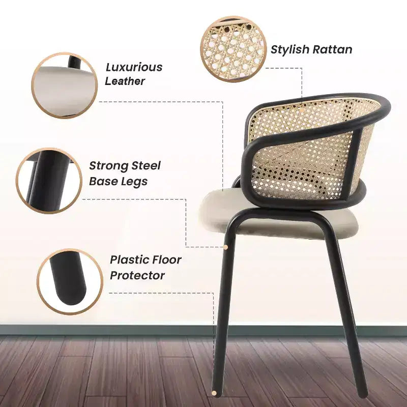 Set di 2 sedie da pranzo con schienale in vimini, seduta in pelle e struttura in acciaio nero, moderne, per cucina, sala da pranzo e tavolo