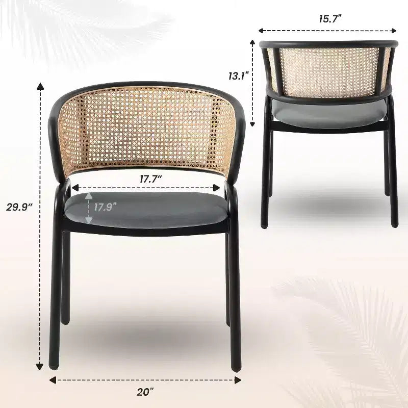 Set di 2 sedie da pranzo con schienale in vimini, seduta in pelle e struttura in acciaio nero, moderne, per cucina, sala da pranzo e tavolo