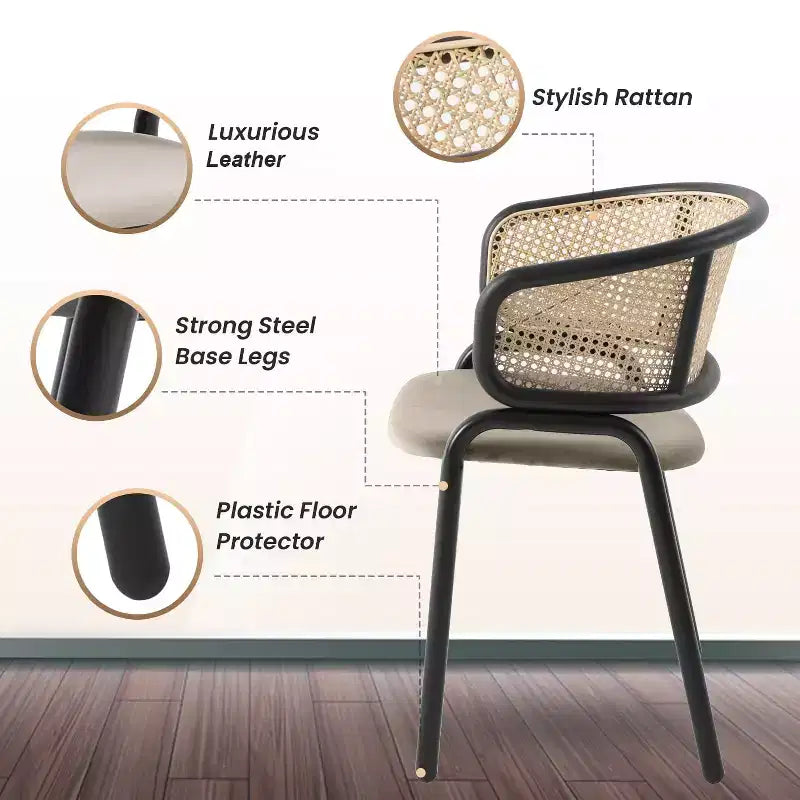 Set di 2 sedie da pranzo con schienale in vimini, seduta in pelle e struttura in acciaio nero, moderne, per cucina, sala da pranzo e tavolo