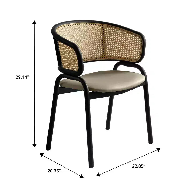 Set di 2 sedie da pranzo con schienale in vimini, seduta in pelle e struttura in acciaio nero, moderne, per cucina, sala da pranzo e tavolo