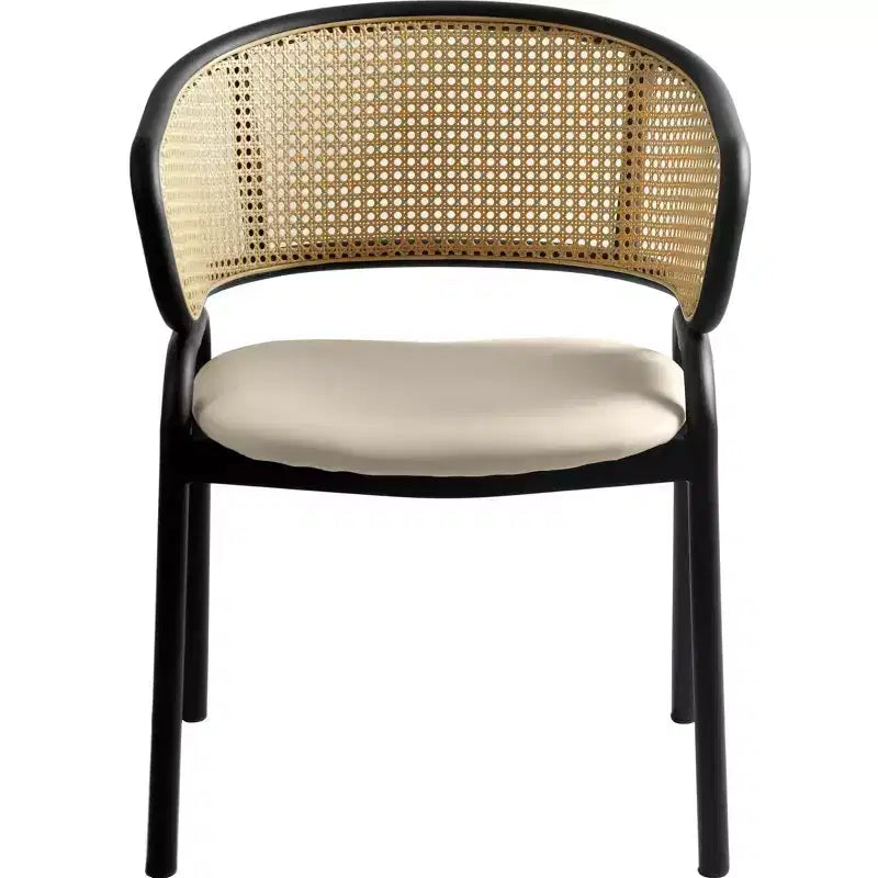 Set di 2 sedie da pranzo con schienale in vimini, seduta in pelle e struttura in acciaio nero, moderne, per cucina, sala da pranzo e tavolo