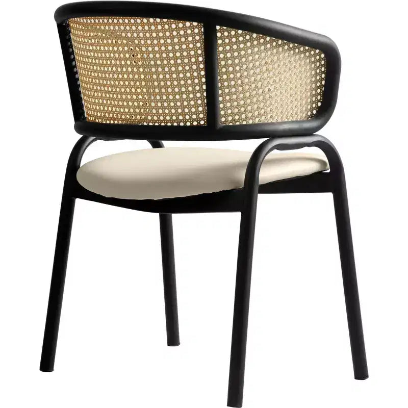 Set di 2 sedie da pranzo con schienale in vimini, seduta in pelle e struttura in acciaio nero, moderne, per cucina, sala da pranzo e tavolo
