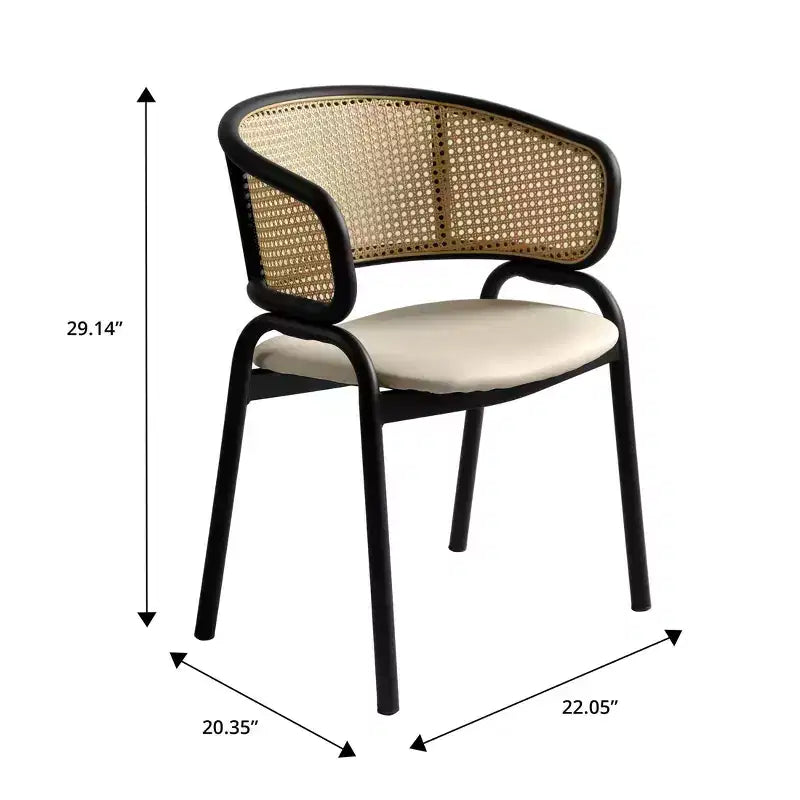 Set di 2 sedie da pranzo con schienale in vimini, seduta in pelle e struttura in acciaio nero, moderne, per cucina, sala da pranzo e tavolo