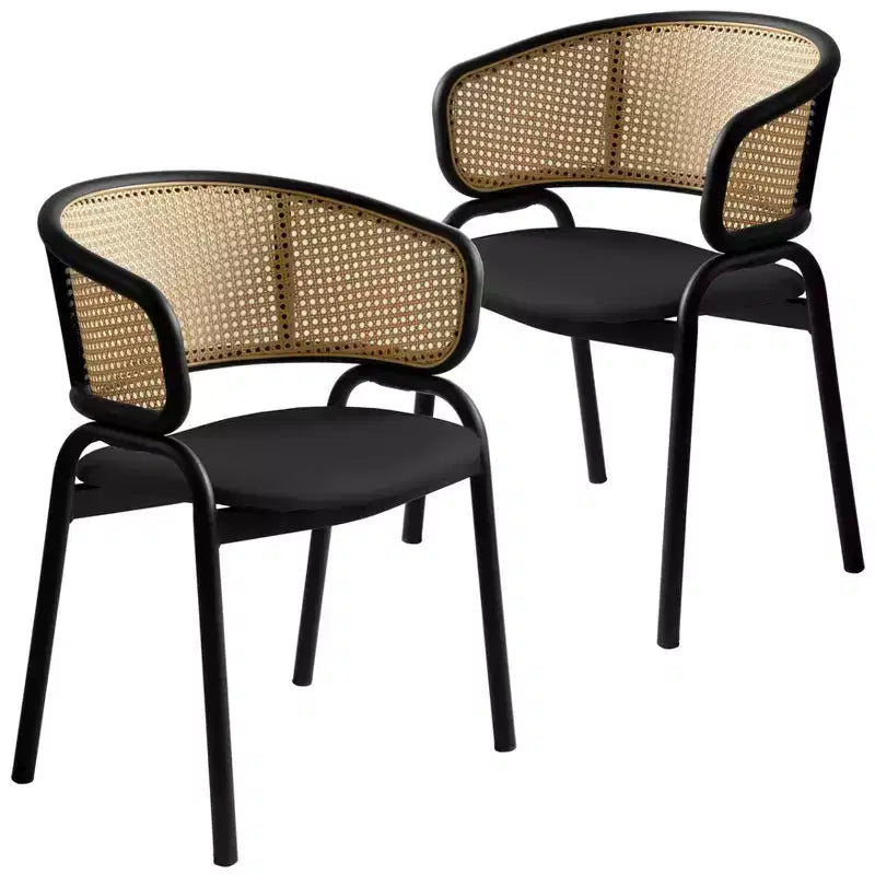 Set di 2 sedie da pranzo con schienale in vimini, seduta in pelle e struttura in acciaio nero, moderne, per cucina, sala da pranzo e tavolo