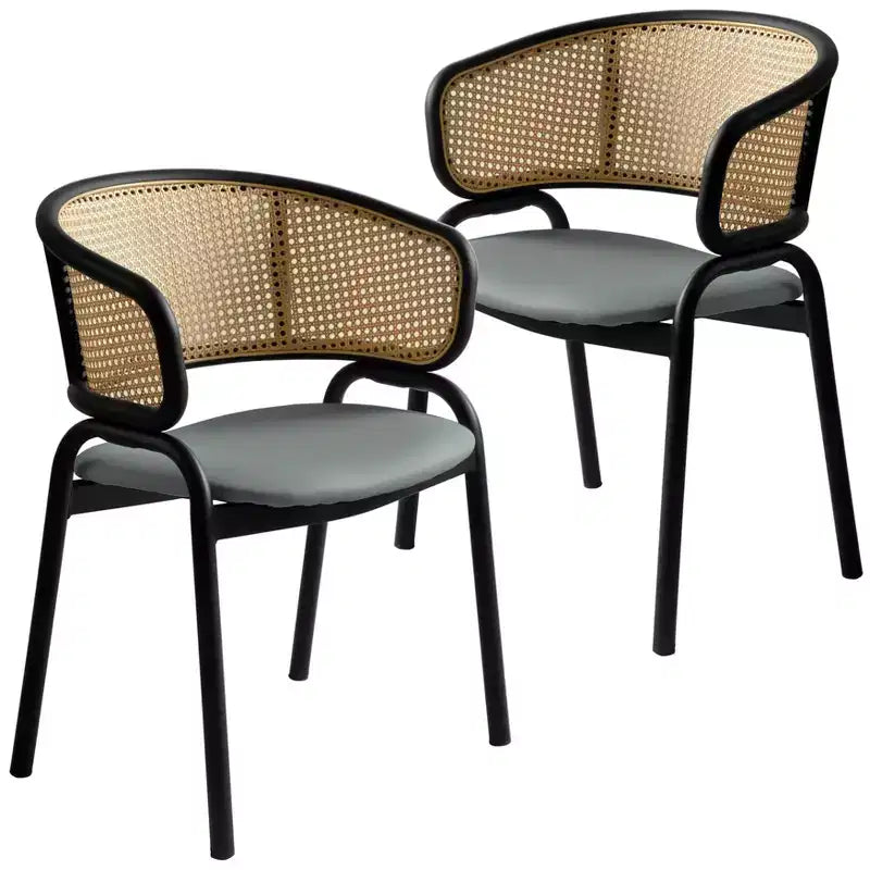 Set di 2 sedie da pranzo con schienale in vimini, seduta in pelle e struttura in acciaio nero, moderne, per cucina, sala da pranzo e tavolo