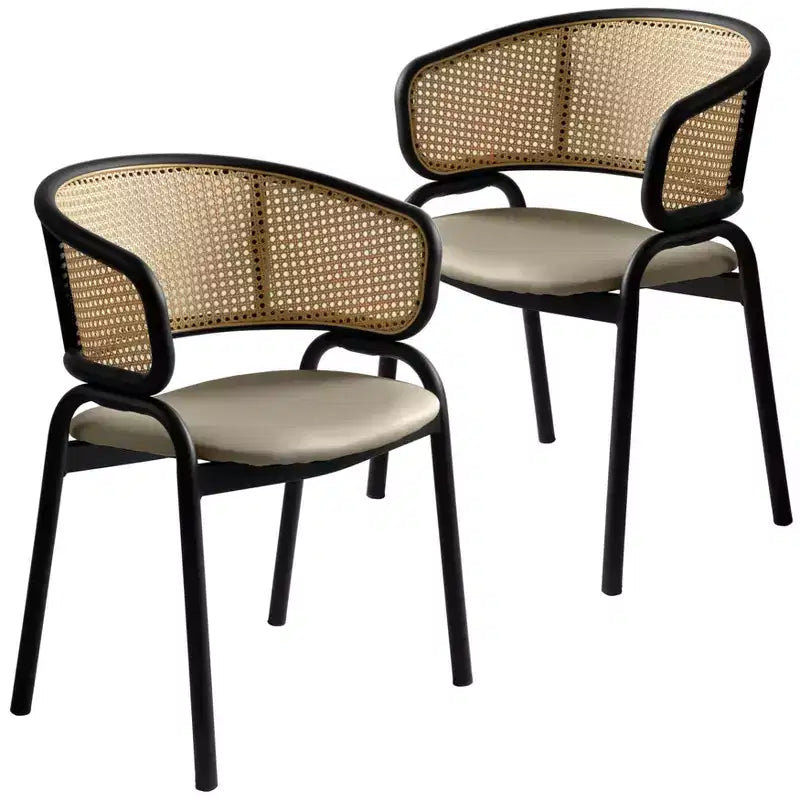 Set di 2 sedie da pranzo con schienale in vimini, seduta in pelle e struttura in acciaio nero, moderne, per cucina, sala da pranzo e tavolo