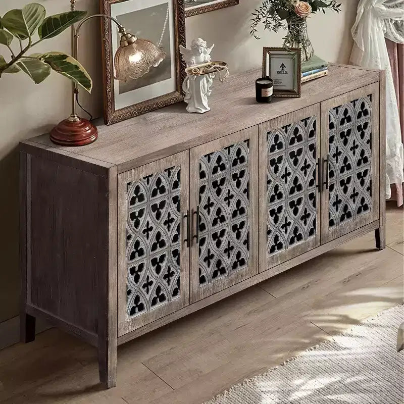 59.8W Hollow Four Door Antique Sideboard , American Country Style Buffet Storage Cabinet Suitable for Living Room, Kitchen