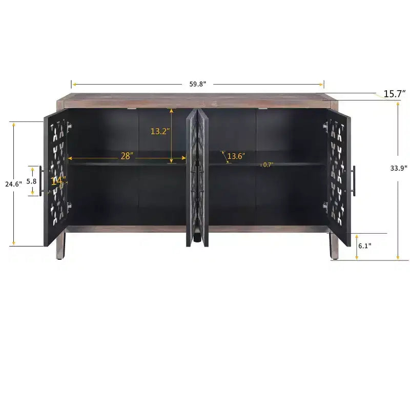 59.8W Hollow Four Door Antique Sideboard , American Country Style Buffet Storage Cabinet Suitable for Living Room, Kitchen
