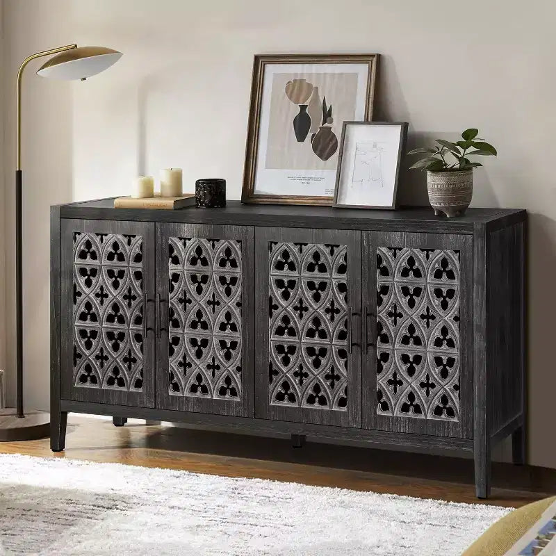 59.8W Hollow Four Door Antique Sideboard , American Country Style Buffet Storage Cabinet Suitable for Living Room, Kitchen