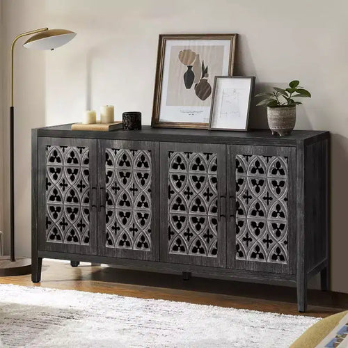 59.8W Hollow Four Door Antique Sideboard , American Country Style Buffet Storage Cabinet Suitable for Living Room, Kitchen