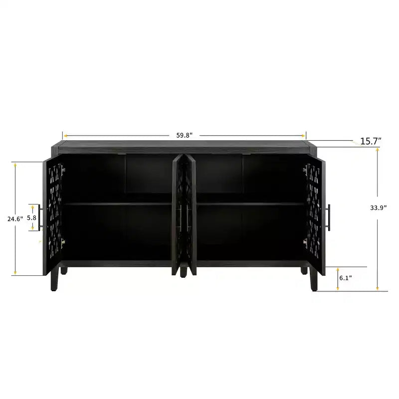 59.8W Hollow Four Door Antique Sideboard , American Country Style Buffet Storage Cabinet Suitable for Living Room, Kitchen