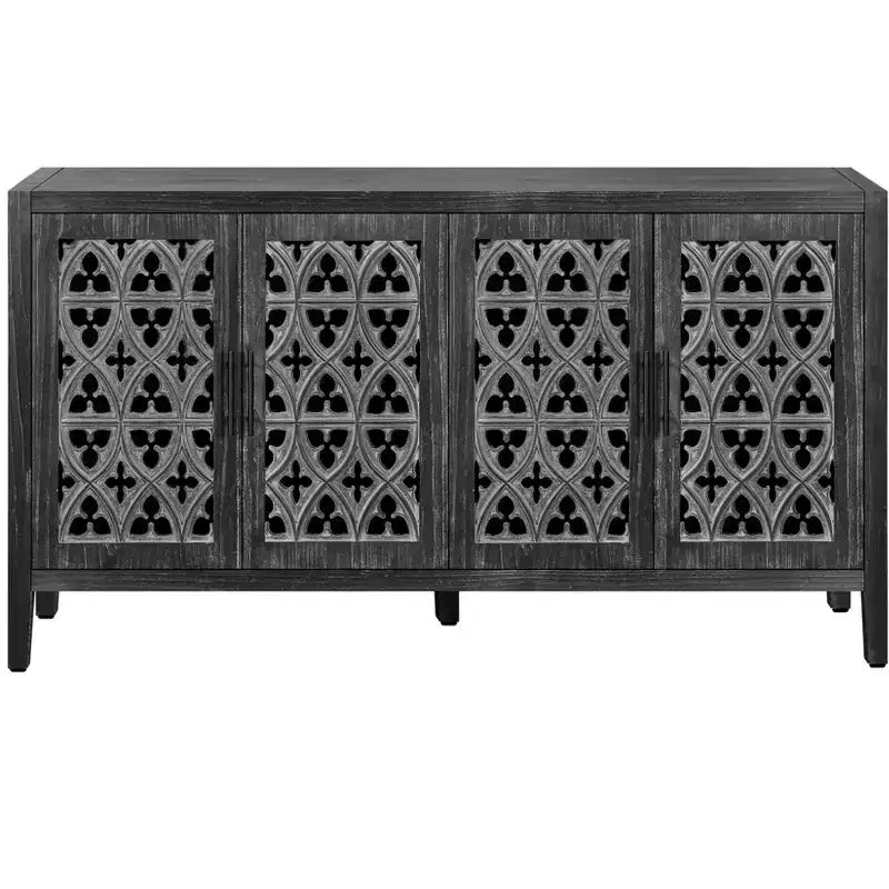 59.8W Hollow Four Door Antique Sideboard , American Country Style Buffet Storage Cabinet Suitable for Living Room, Kitchen