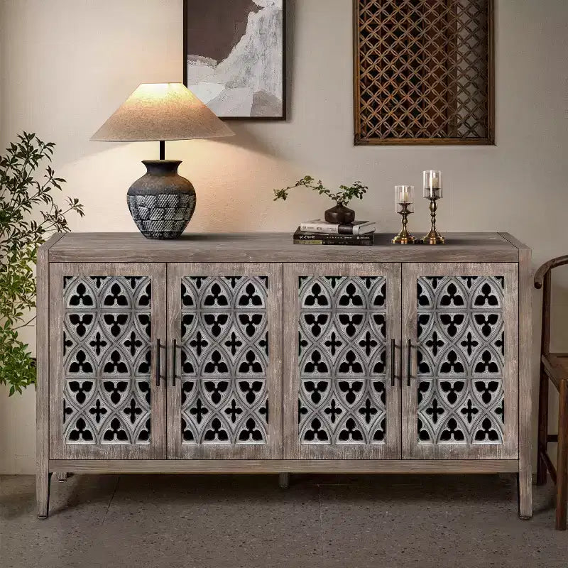 59.8W Hollow Four Door Antique Sideboard , American Country Style Buffet Storage Cabinet Suitable for Living Room, Kitchen