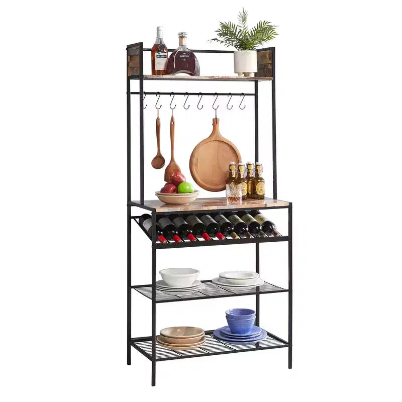 Red Tile Bakers Rack with 9 Wine Bottle Capacity Rack & 8 Hooks - Kitchen Storage Organizer