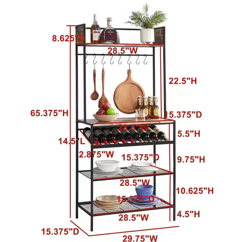 Red Tile Bakers Rack with 9 Wine Bottle Capacity Rack & 8 Hooks - Kitchen Storage Organizer