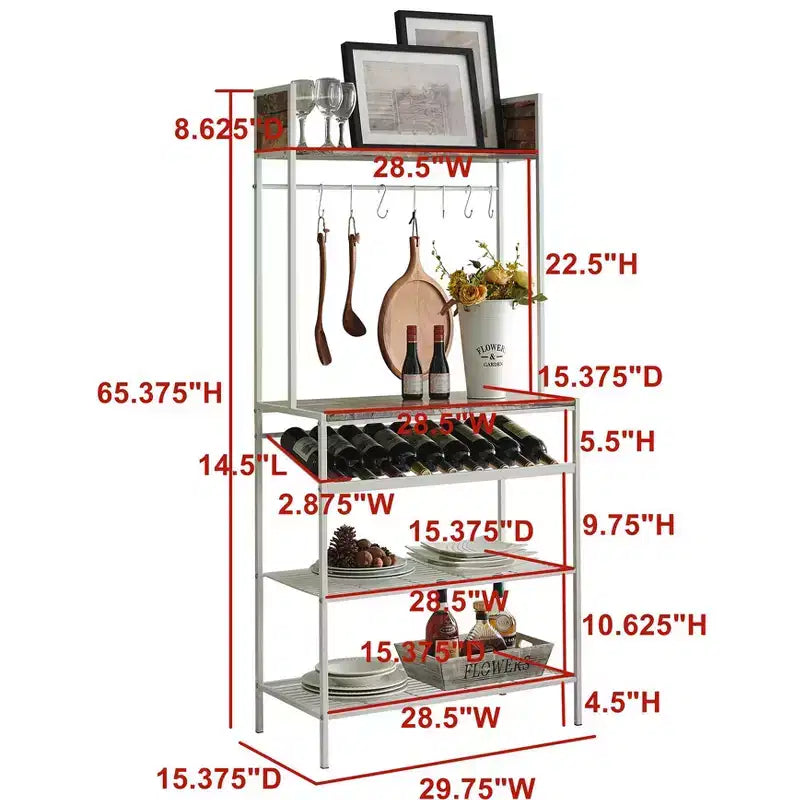 Red Tile Bakers Rack with 9 Wine Bottle Capacity Rack & 8 Hooks - Kitchen Storage Organizer