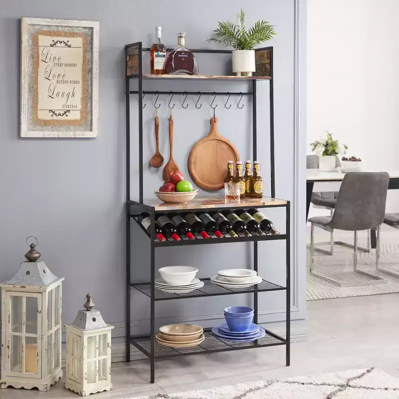 Red Tile Bakers Rack with 9 Wine Bottle Capacity Rack & 8 Hooks - Kitchen Storage Organizer