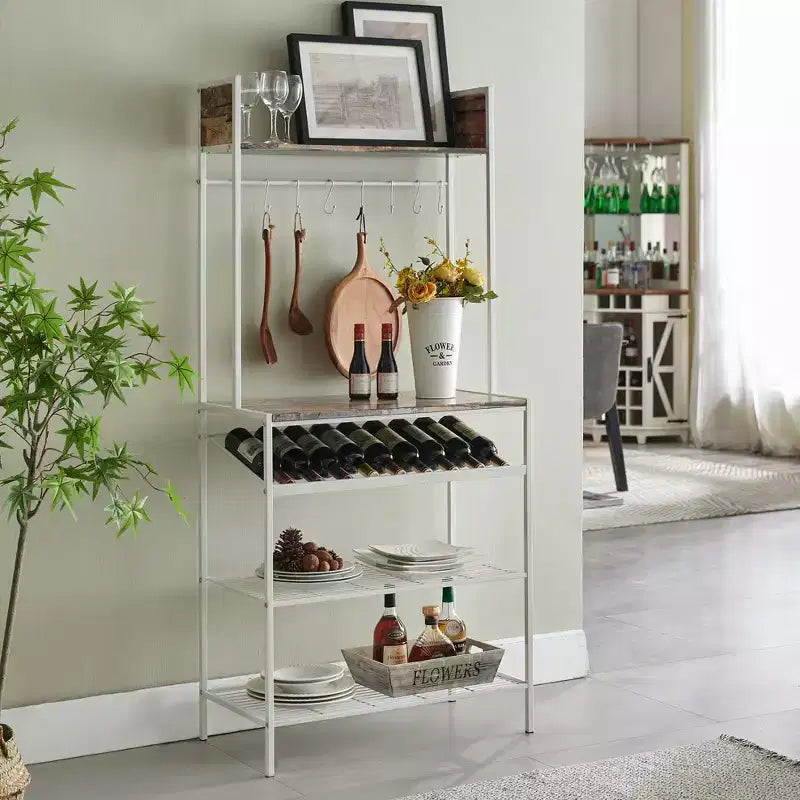 Red Tile Bakers Rack with 9 Wine Bottle Capacity Rack & 8 Hooks - Kitchen Storage Organizer