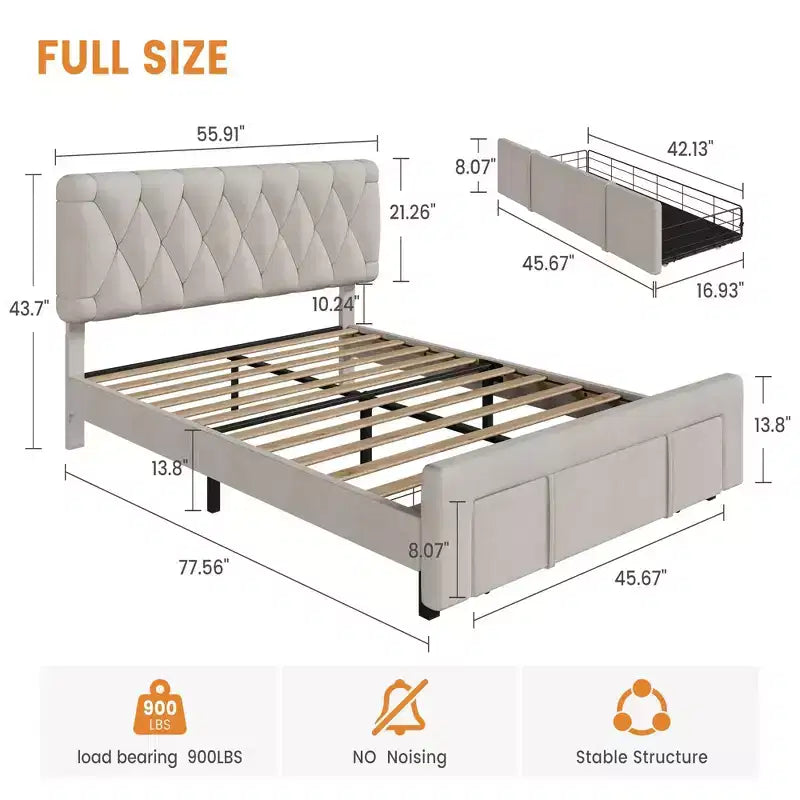 Upholstered Platform Bed Frame with Storage Drawers, Mattress Foundation with Solid Wooden Slats