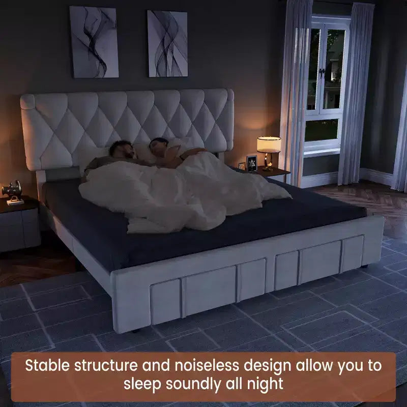 Upholstered Platform Bed Frame with Storage Drawers, Mattress Foundation with Solid Wooden Slats