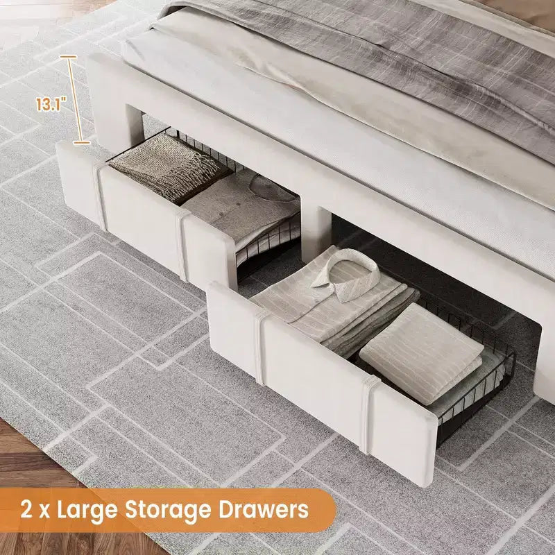 Upholstered Platform Bed Frame with Storage Drawers, Mattress Foundation with Solid Wooden Slats