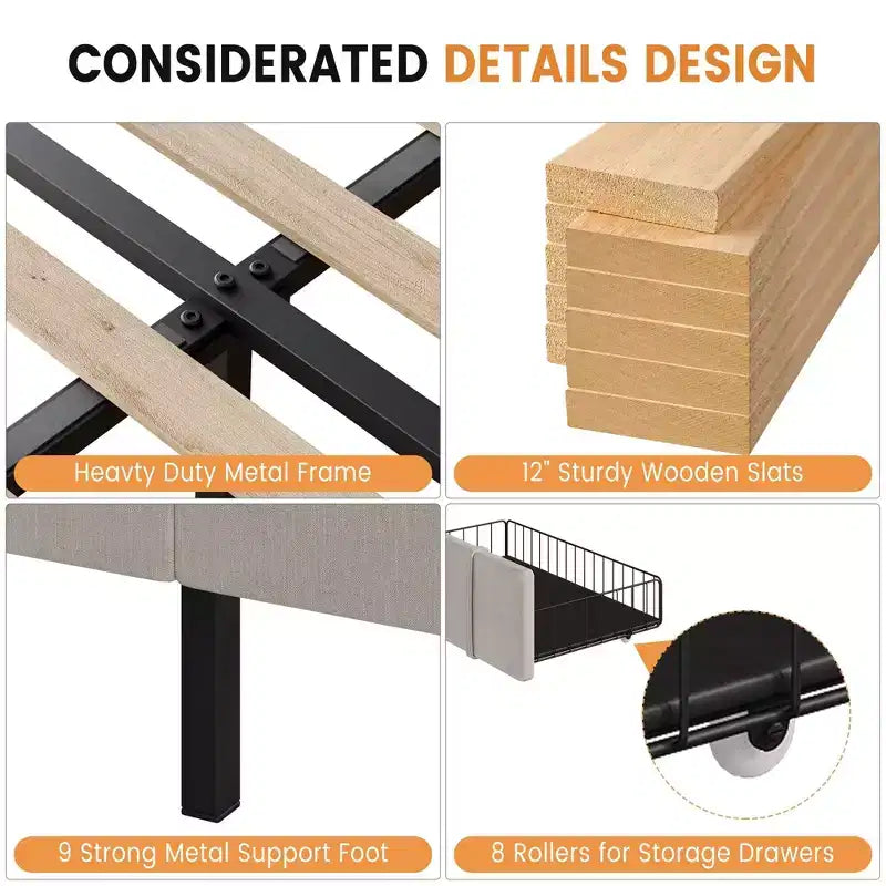 Struttura per letto con base a piattaforma imbottita e cassetti contenitori, base per materasso con doghe in legno massello