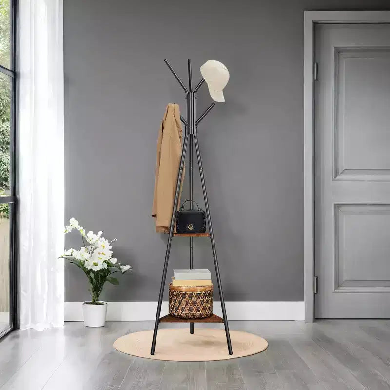 Industrial Style Coat Rack Stand with 2 Shelves: Sturdy, Stylish Organizer for Clothes, Hats, and Bags