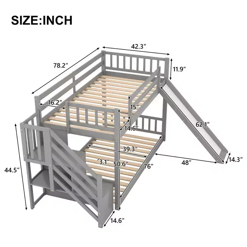 Letto a castello in legno per materassi singoli, con scivolo e scala convertibile
