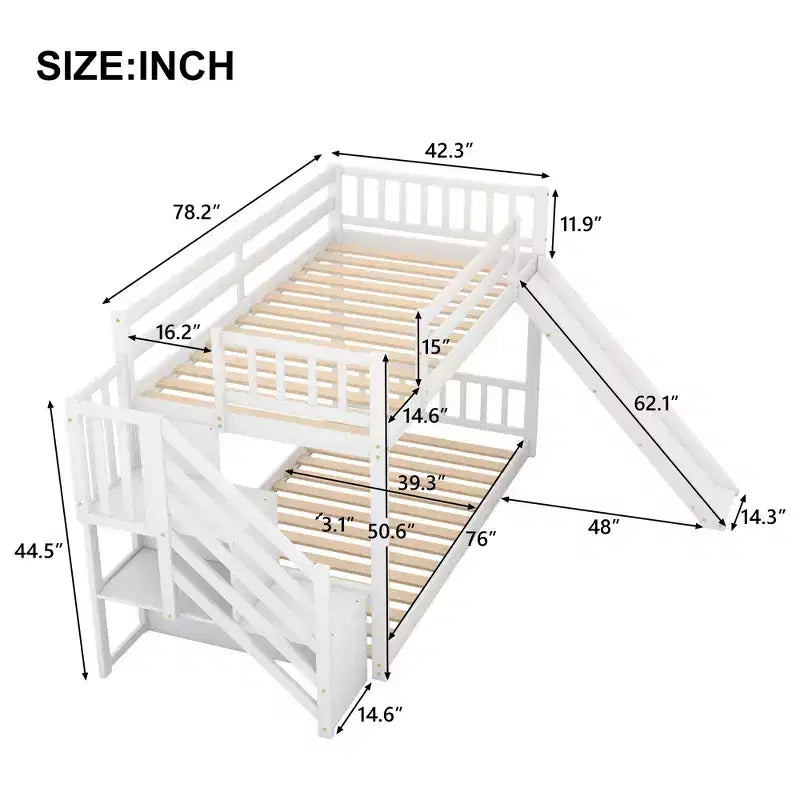 Letto a castello in legno per materassi singoli, con scivolo e scala convertibile